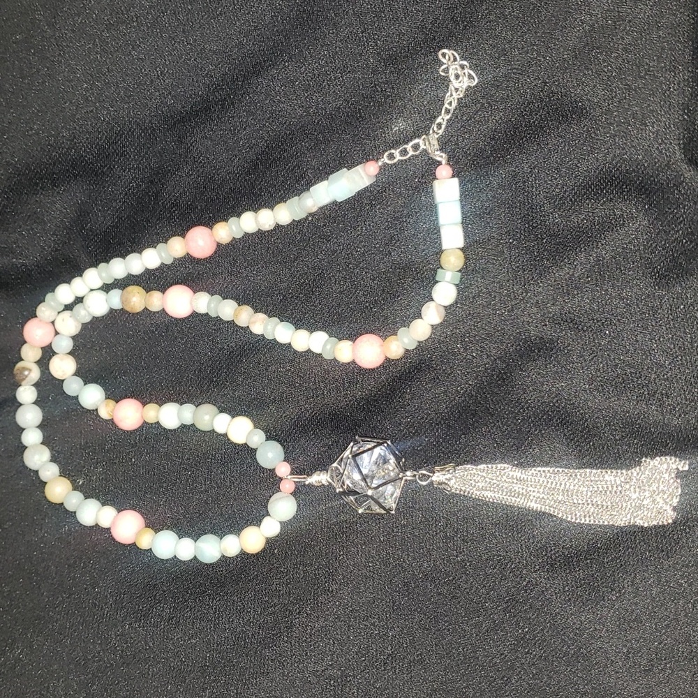 Semi precious stone necklace with caged CZ crystal pendent